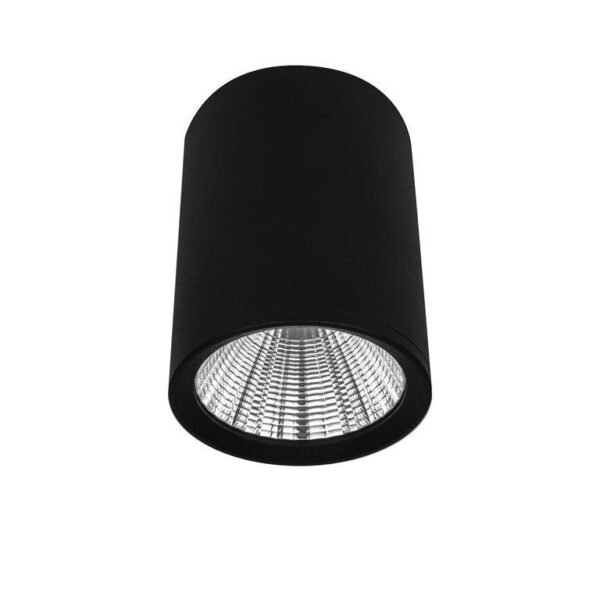 Lampara de techo LED LED de 10 cm, blanco cálido, 7 Watts, óptica 38°, cilíndrico, de sobreponer en techo, aluminio acabado negro, 100-277V ca, protección IP20