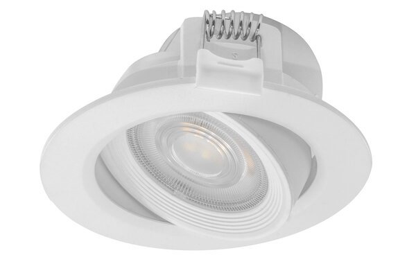 Lampara de techo LED, con temperatura de color seleccionable mediante interruptor, 7 Watts, óptica 60°, redondo, de empotrar dirigible, policarbonato acabado blanco, 100-240V ca, protección IP54