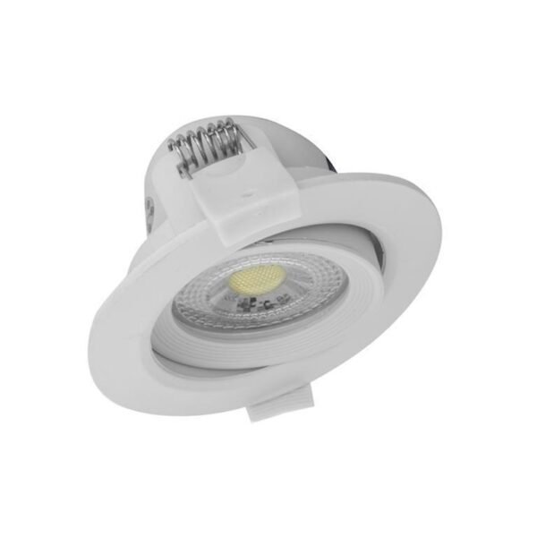 Lampara de techo LED, blanco cálido, 7 Watts, óptica 42°, redondo, de empotrar dirigible, aluminio y policarbonato acabado blanco,  85-265V ca, protección IP20