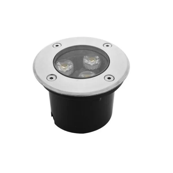 Lampara de piso, blanco cálido, 3 Watts, óptica 45°, redondo, de empotrar, tapa de acero inoxidable cuerpo aluminio incluye housing, 85-265V ca, protección IP65