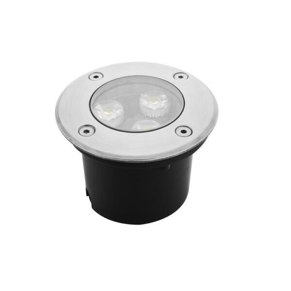 Lampara de piso, RGB 3 en 1, 9 Watts, óptica 45°, redondo, de empotrar, tapa de acero inoxidable cuerpo de aluminio incluye housing, 24V cc, protección IP65