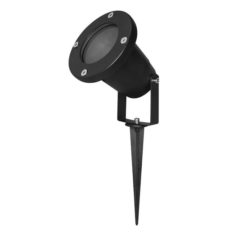 Lampara de piso, base GU10, 50 Watts máx., de sobreponer, aluminio acabado negro incluye estaca, 85-265V ca, protección IP65