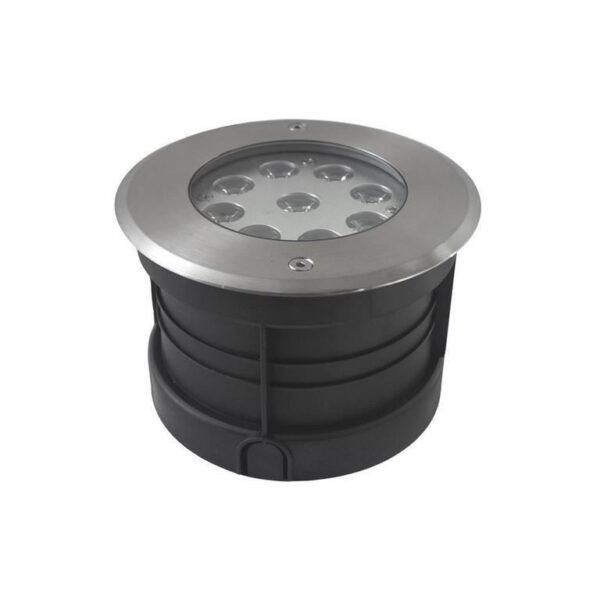 Lampara de piso, blanco cálido, 9 Watts, óptica 60°, redondo, de empotrar piso, tapa de acero inoxidable cuerpo aluminio incluye housing, 100-240V ca, protección IP67