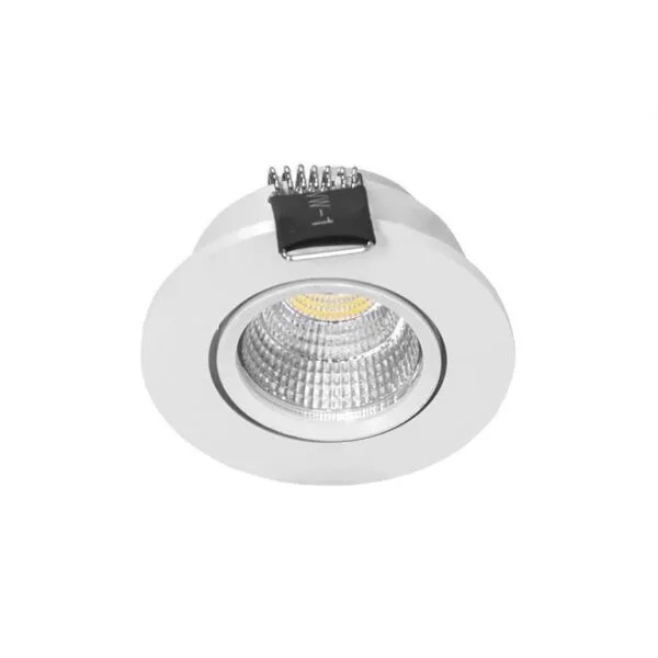 Lampara de techo LED, blanco cálido, 3 Watts, óptica 120°, redondo, de empotrar dirigible, aluminio acabado blanco, 100-240V ca, protección IP20