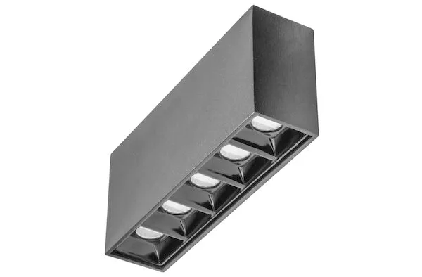 Lampara de techo LED, puntual rectangular , blanco neutro, 10 Watts, óptica 30°, de sobreponer, aluminio acabado negro, trama negra, 100-265V ca, protección IP20