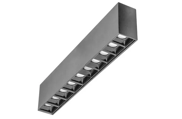 Lampara de techo LED, puntual rectangular , blanco neutro, 20 Watts, óptica 30°, de sobreponer, aluminio acabado negro, trama negra, 100-265V ca, protección IP20
