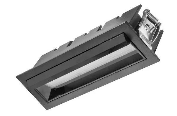 Lampara de techo LED, con mica difusa, puntual rectangular , blanco cálido, 10 Watts, óptica asimétrica, de empotrar, aluminio acabado negro,  85-277V ca, protección IP20