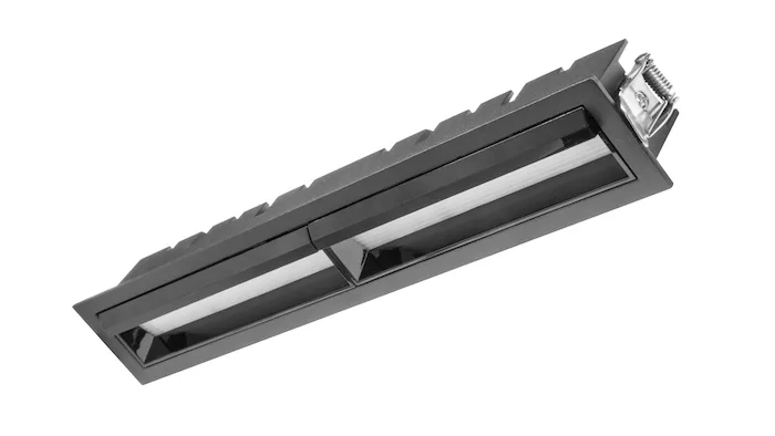 Lampara de techo LED, con mica difusa, puntual rectangular , blanco cálido, 20 Watts, óptica asimétrica, de empotrar, aluminio acabado negro,  85-277V ca, protección IP20