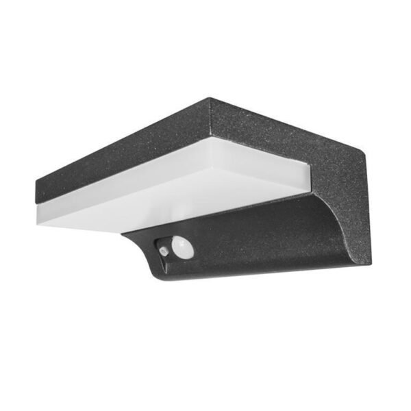 Lampara solar, de led, blanco cálido, 3 Watts, óptica 120°, de sobreponer pared, sensor humano y obscuridad 1 salida de luz, batería de litio de 3.84 V reemplazable, protección IP65