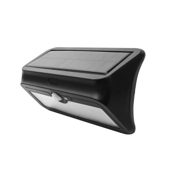 Lampara solar, de led, blanco cálido, 4 Watts, óptica 120°, de sobreponer pared, acabado negro, sensor humano y obscuridad 1 salida de luz, batería de litio de 3.7 V 2200mAh remplazable, protección IP44