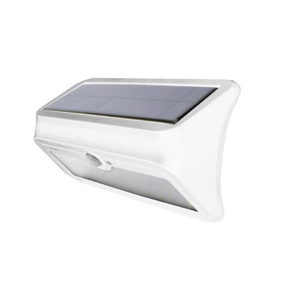Lampara solar, de led, blanco cálido, 4 Watts, óptica 120°, de sobreponer pared, acabado blanco, sensor humano y obscuridad 1 salida de luz, batería de litio de 3.7 V 2200mAh remplazable, protección IP44