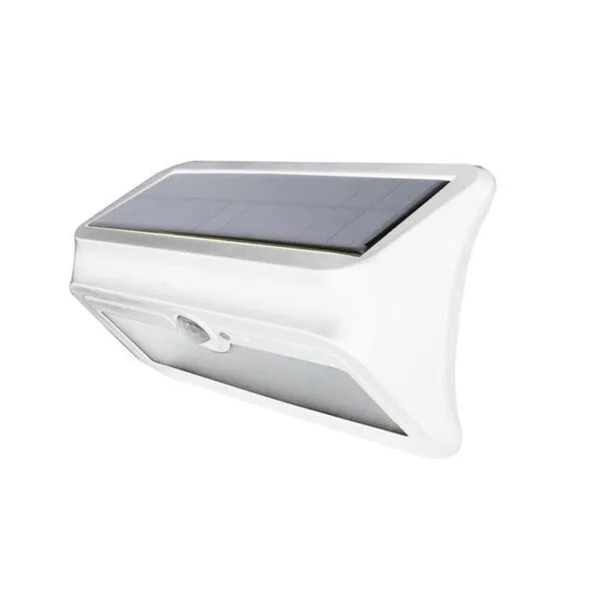 Lampara solar, de led, blanco cálido, 4 Watts, óptica 120°, de sobreponer pared, acabado blanco, sensor humano y obscuridad 1 salida de luz, batería de litio de 3.7 V 2200mAh remplazable, protección IP44