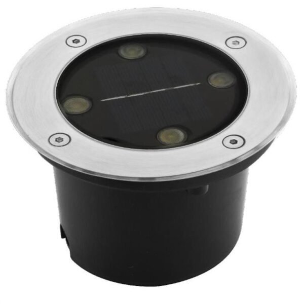 Lampara solar, de led, blanco cálido, 4 Watts, óptica 120°, redondo, de empotrar, acero inoxidable, sensor de obscuridad, batería de litio de 1.2V 600 mAh remplazable, incluye housing, este Lampara NO debe de pisarse, protección IP67