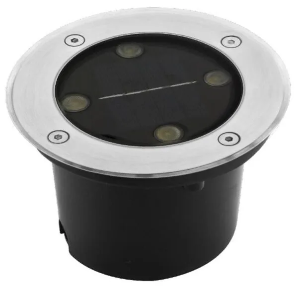 Lampara solar, de led, blanco cálido, 4 Watts, óptica 120°, redondo, de empotrar, acero inoxidable, sensor de obscuridad, batería de litio de 1.2V 600 mAh remplazable, incluye housing, este Lampara NO debe de pisarse, protección IP67