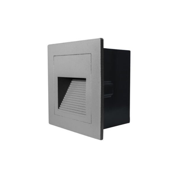 Lampara de pared, con 1 led, blanco cálido, 2 Watts, óptica 120°, cuadrado, de empotrar, tapa de aluminio gris cuerpo aluminio y housing de plástico, 85-265V ca, protección IP54