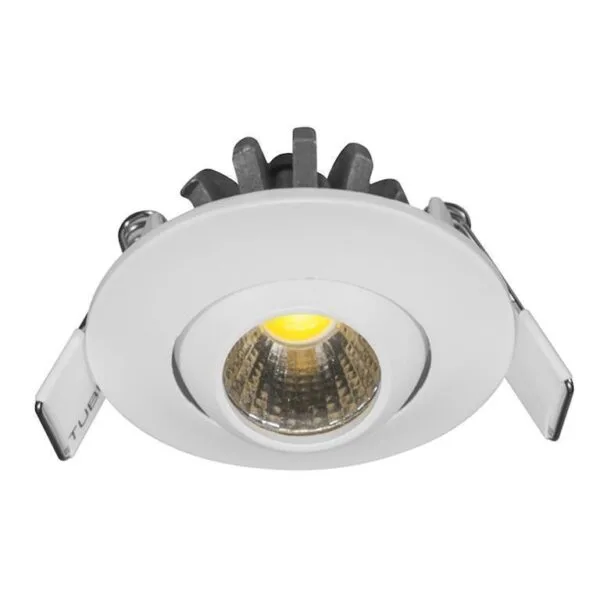 Lampara de techo LED, blanco cálido, 3 Watts, óptica 35°, redondo, de empotrar dirigible, aluminio acabado blanco, 85-265V ca, protección IP20