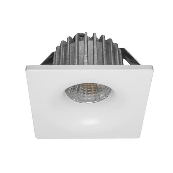 Lampara de techo LED, blanco cálido, 3 Watts, óptica 35°, cuadrado, de empotrar, aluminio acabado blanco, 85-265V ca, protección IP20