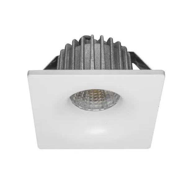 Lampara de techo LED, blanco cálido, 3 Watts, óptica 35°, cuadrado, de empotrar, aluminio acabado blanco, 85-265V ca, protección IP20
