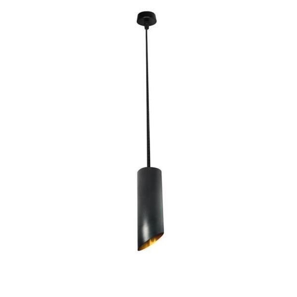 Lampara tubular de suspender para lámpara tipo dicroica  GU10, máx 50 Watts, óptica 120°, 6 cm diam * 23 cm alto, 1 m cable, aluminio acabado negro/dorado, protección IP20