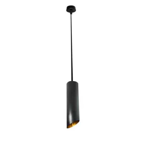 Lampara tubular de suspender para lámpara tipo dicroica  GU10, máx 50 Watts, óptica 120°, 6 cm diam * 30 cm alto, 1 m cable, aluminio acabado negro/dorado, protección IP20