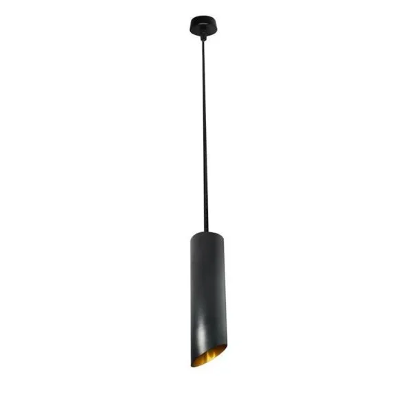Lampara tubular de suspender para lámpara tipo dicroica  GU10, máx 50 Watts, óptica 120°, 6 cm diam * 30 cm alto, 1 m cable, aluminio acabado negro/dorado, protección IP20