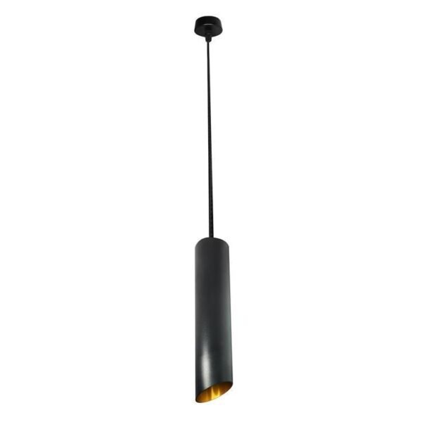 Lampara tubular de suspender para lámpara tipo dicroica  GU10, máx 50 Watts, óptica 120°, 6 cm diam * 40 cm alto, 1 m cable, aluminio acabado negro/dorado, protección IP20