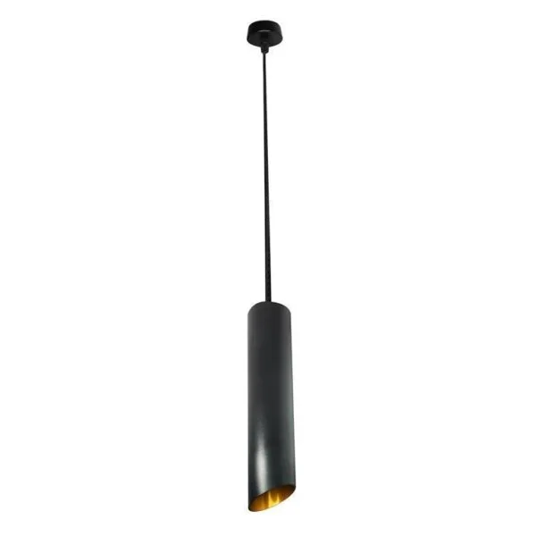 ILUTUB40CMBG.jpg Lampara tubular de suspender para lámpara tipo dicroica GU10, máx 50 Watts, óptica 120°, 6 cm diam * 40 cm alto, 1 m cable, aluminio acabado negro/dorado, protección IP20