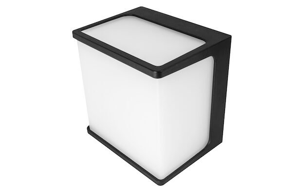 Lampara de pared, blanco cálido, 8 Watts, cubo salida de luz directa, de sobreponer, policarbonato acabado negro, 85-265V ca, protección IP65