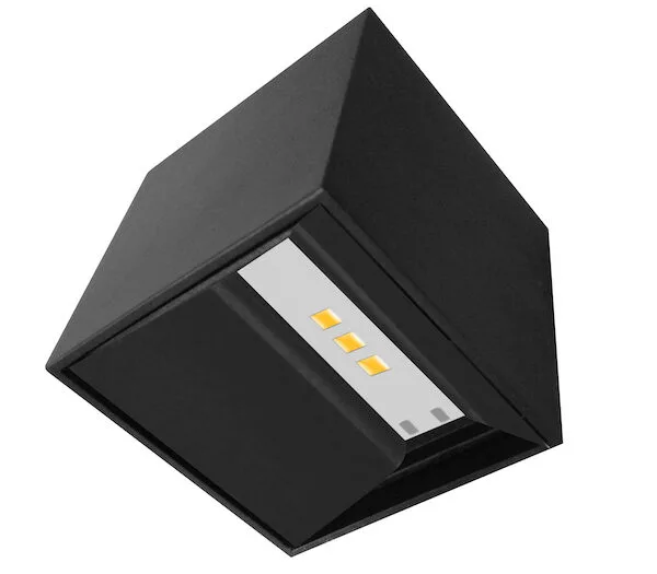 Lampara de pared, blanco cálido, 2 Watts, cubo 2 salidas óptica ajustable, de sobreponer, policarbonato acabado negro, 85-265V ca, protección IP65