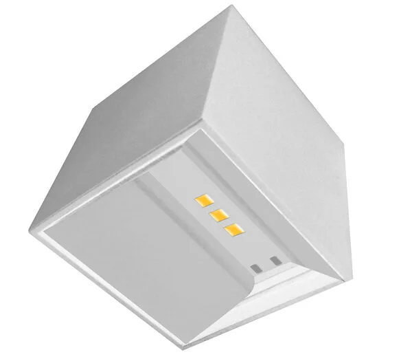 Lampara de pared, blanco cálido, 2 Watts, cubo 2 salidas óptica ajustable, de sobreponer, policarbonato acabado blanco, 85-265V ca, protección IP65
