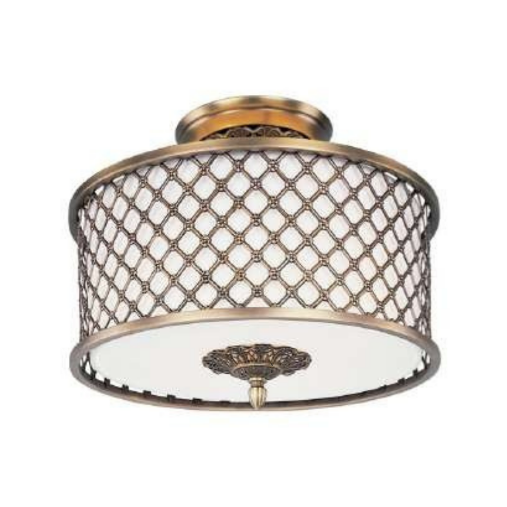 Lámpara LED para sobreponer en techo de metal en Latón Envejecido Natural y pantalla de tela tono Avena 3 luces