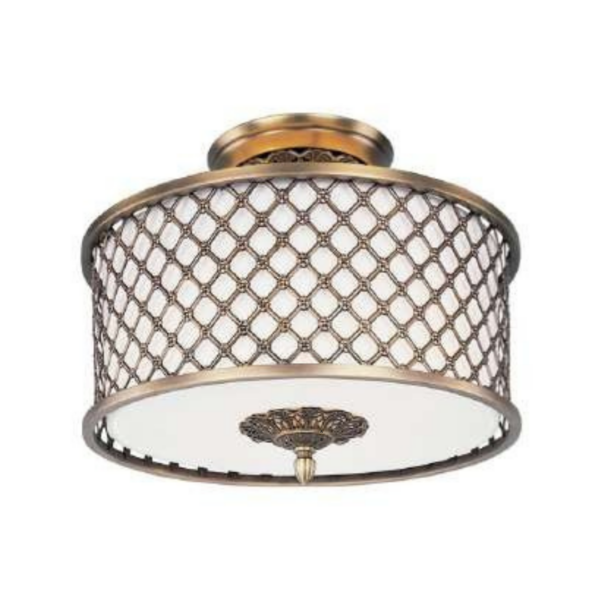 Lámpara LED para sobreponer en techo de metal en Latón Envejecido Natural y pantalla de tela tono Avena 3 luces