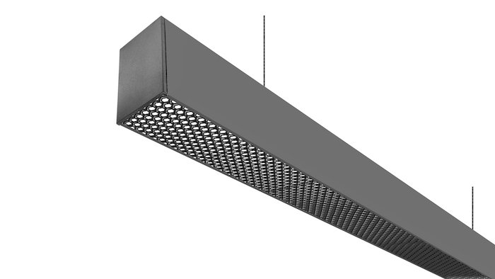 Lampara led, blanco, 40 Watts, óptica 120° con filtro tipo rejilla (Louver Honey) de bajo deslumbramiento, suspendido, aluminio acabado negro y policarbonato incluye soportes de fijación, 127V ca, protección IP20