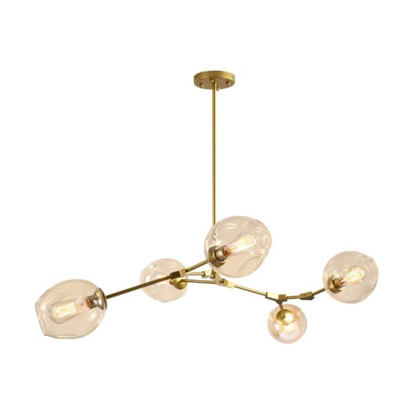Lampara colgante 5 lamparas acabado en color oro y cristal ámbar