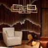 Lampara colgante led integrado cuerpo de aluminio hierro y acrílico en acabado en oro negro y café