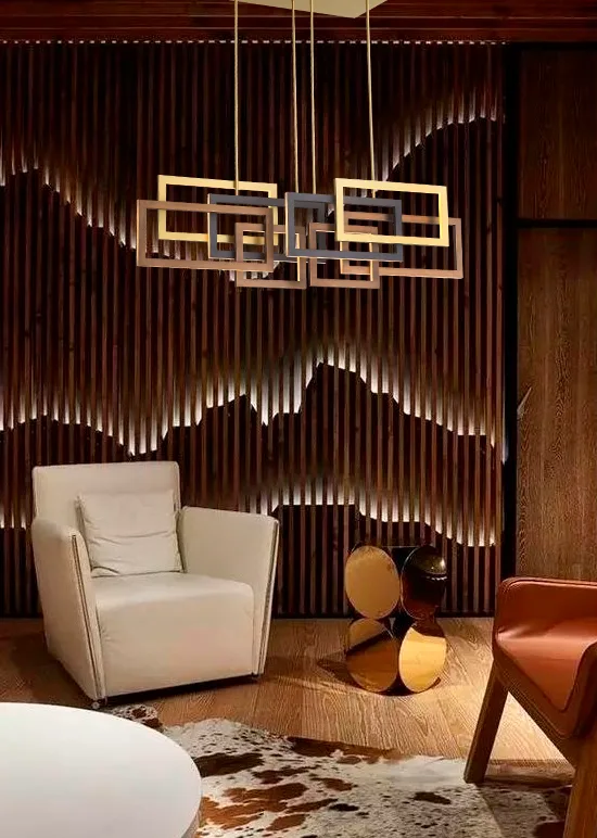 Lampara colgante led integrado cuerpo de aluminio hierro y acrílico en acabado en oro negro y café