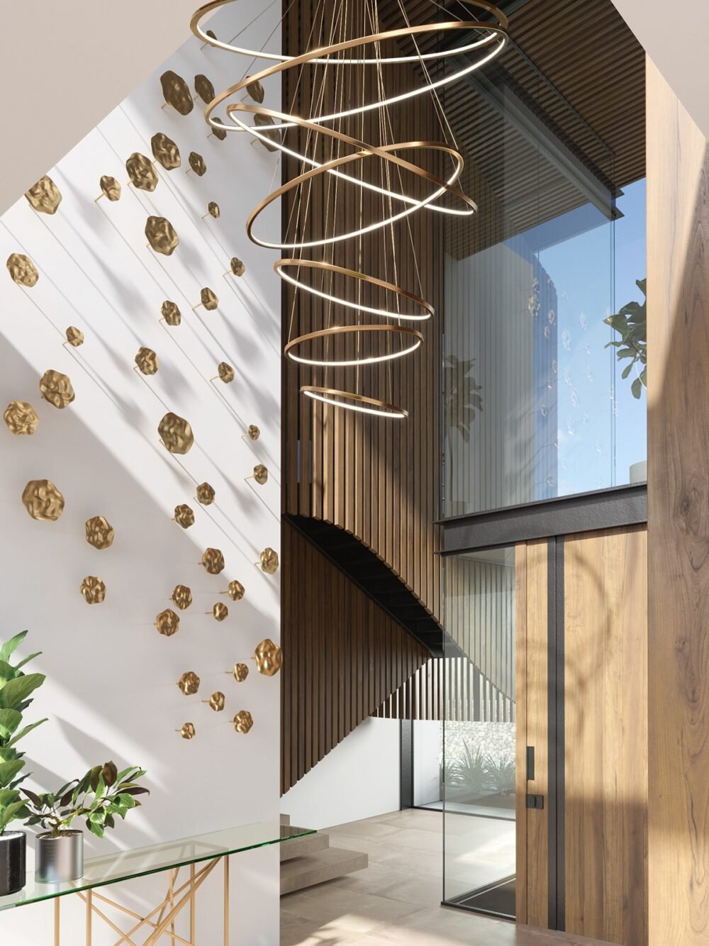 Lampara colgante 7 aros led de altura ajustable acabado en oro y pantalla de acrílico