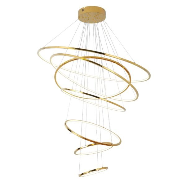 Lampara colgante 7 aros led de altura ajustable acabado en oro y pantalla de acrílico