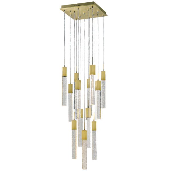 Lampara colgante decorativa acabado en color oro cepillado y cristal claro