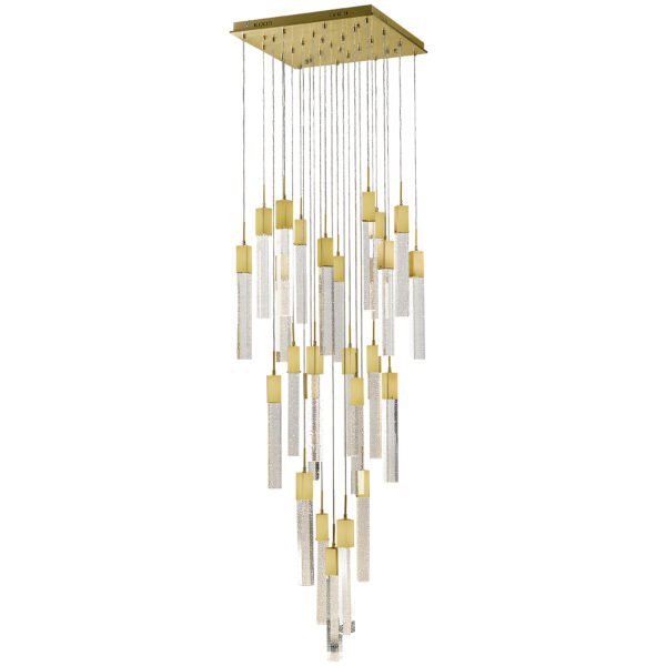 Lampara colgante decorativa acabado en color oro cepillado y cristal claro