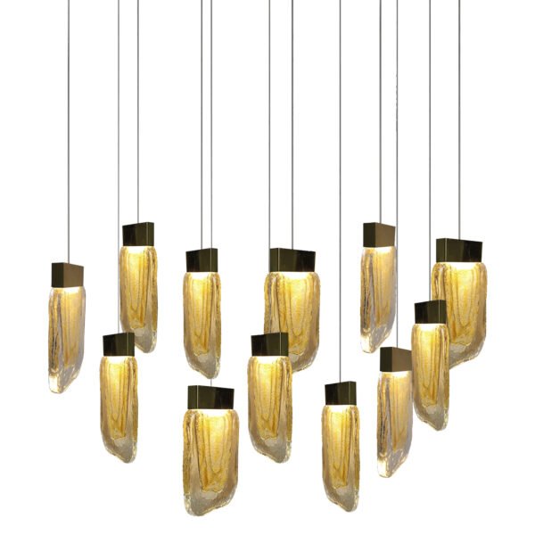 Lampara colgante de led integrado 12 luces cuerpo de cristal ámbar y acabado en oro cepillado