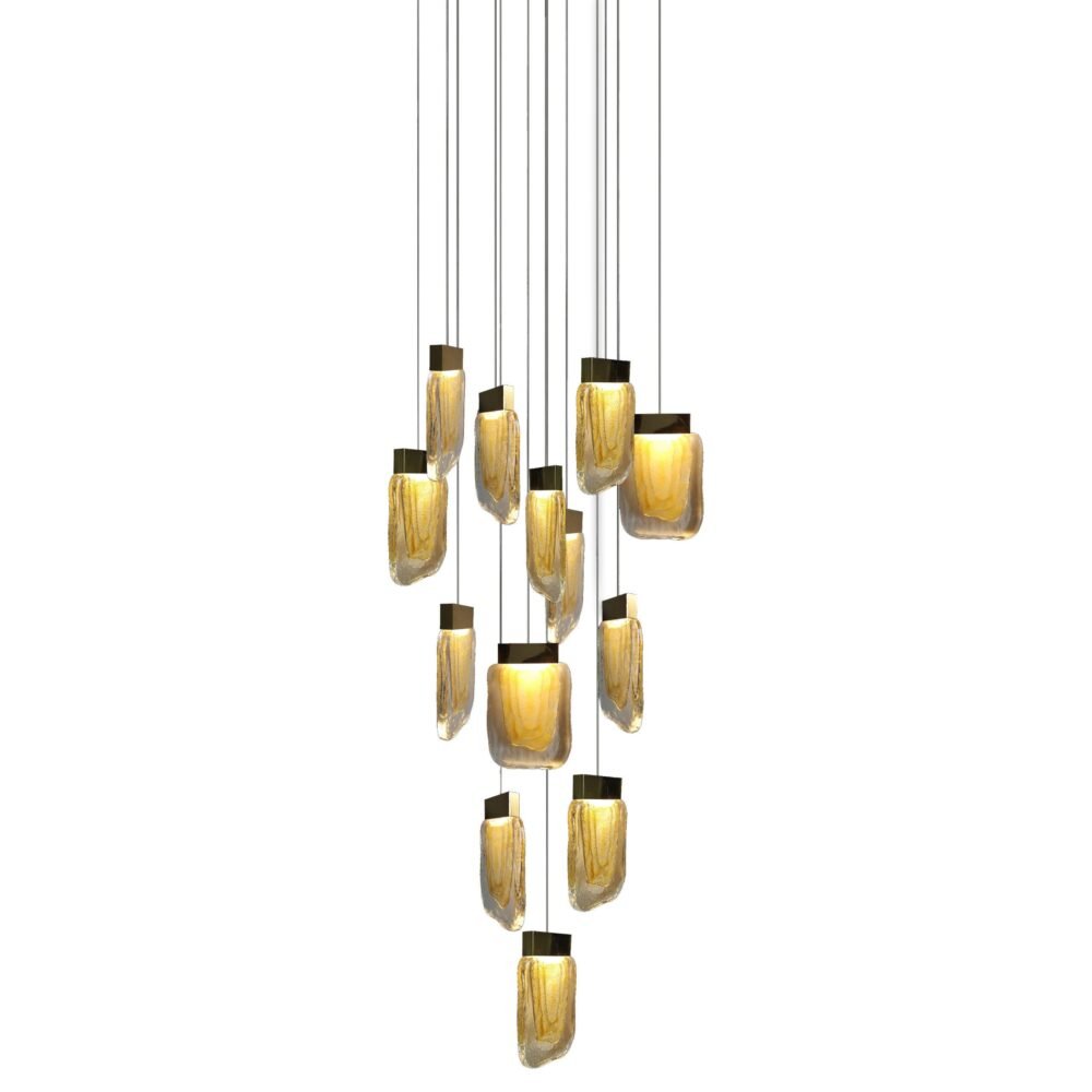 Q36213-BG-550x550px-scaled-1.jpg Lampara colgante de led integrado 13 luces cuerpo de cristal ámbar y acabado en oro cepillado