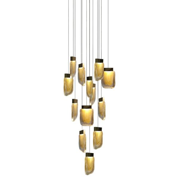 Lampara colgante de led integrado 13 luces cuerpo de cristal ámbar y acabado en oro cepillado
