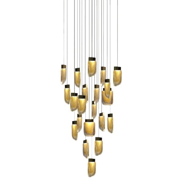 Lampara colgante de led integrado 21 luces cuerpo de cristal ámbar y acabado en oro cepillado