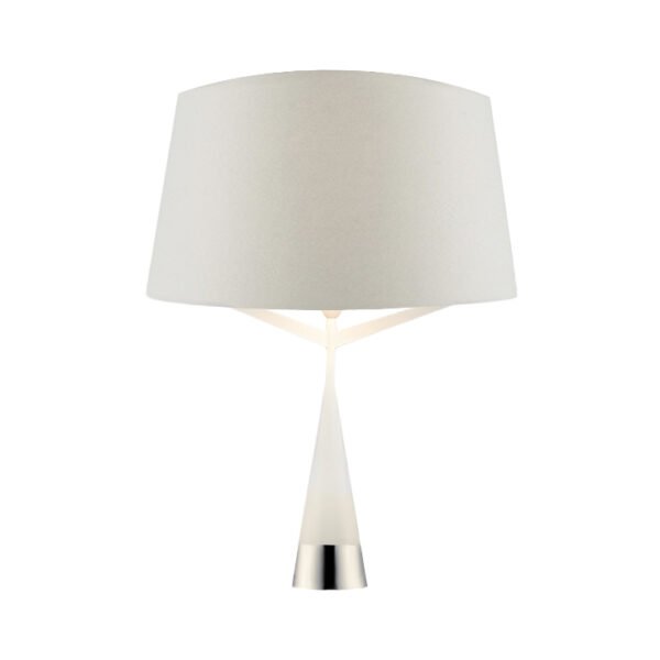 Lampara de mesa color blanco con pantalla de tela blanca y plata en el interior