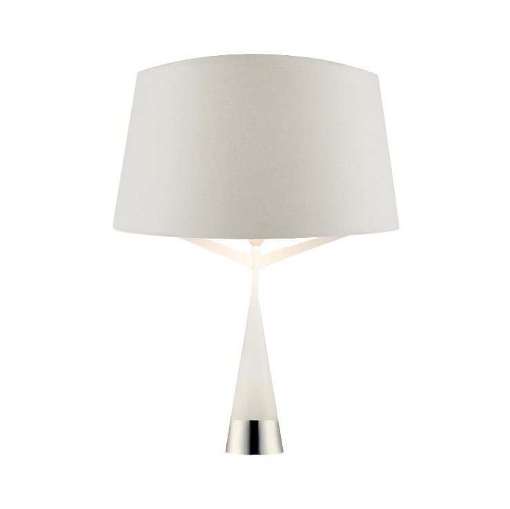 Lampara de mesa color blanco con pantalla de tela blanca y plata en el interior