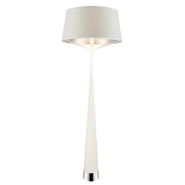 Lampara de piso color blanco con pantalla de tela blanca y plata en el interior