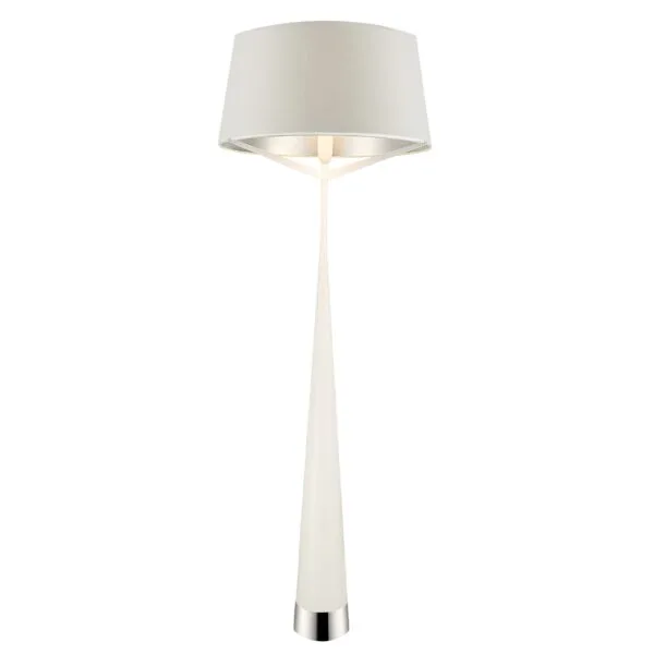 Lampara de piso color blanco con pantalla de tela blanca y plata en el interior
