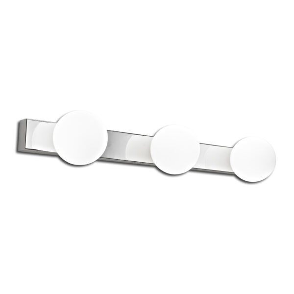 Lampara para baño de led integrado 3 luces metal cromado y cristal opalino