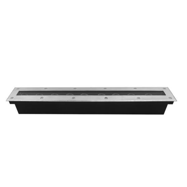 Lampara de piso, con 9 leds, blanco cálido, 13.5 Watts, óptica 15° x 45° asimétrica, rectangular, de empotrar, acero inoxidable  cristal templado  incluye housing, 85-265V ca, protección IP65